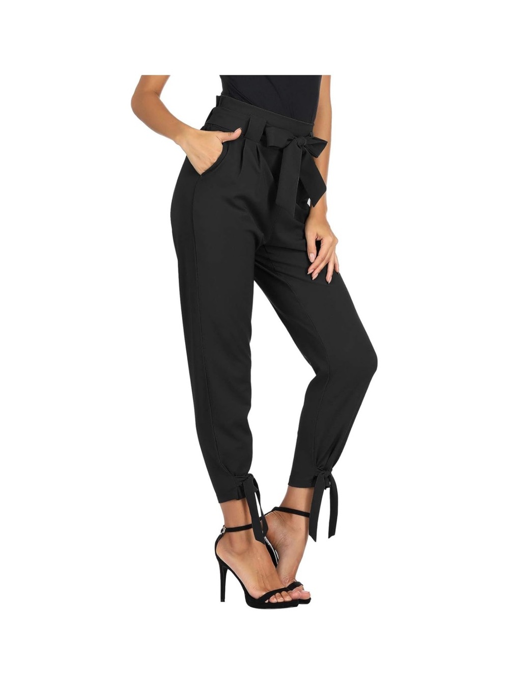 Grace Karin M Black High Waist Paper Bag Pants with bows